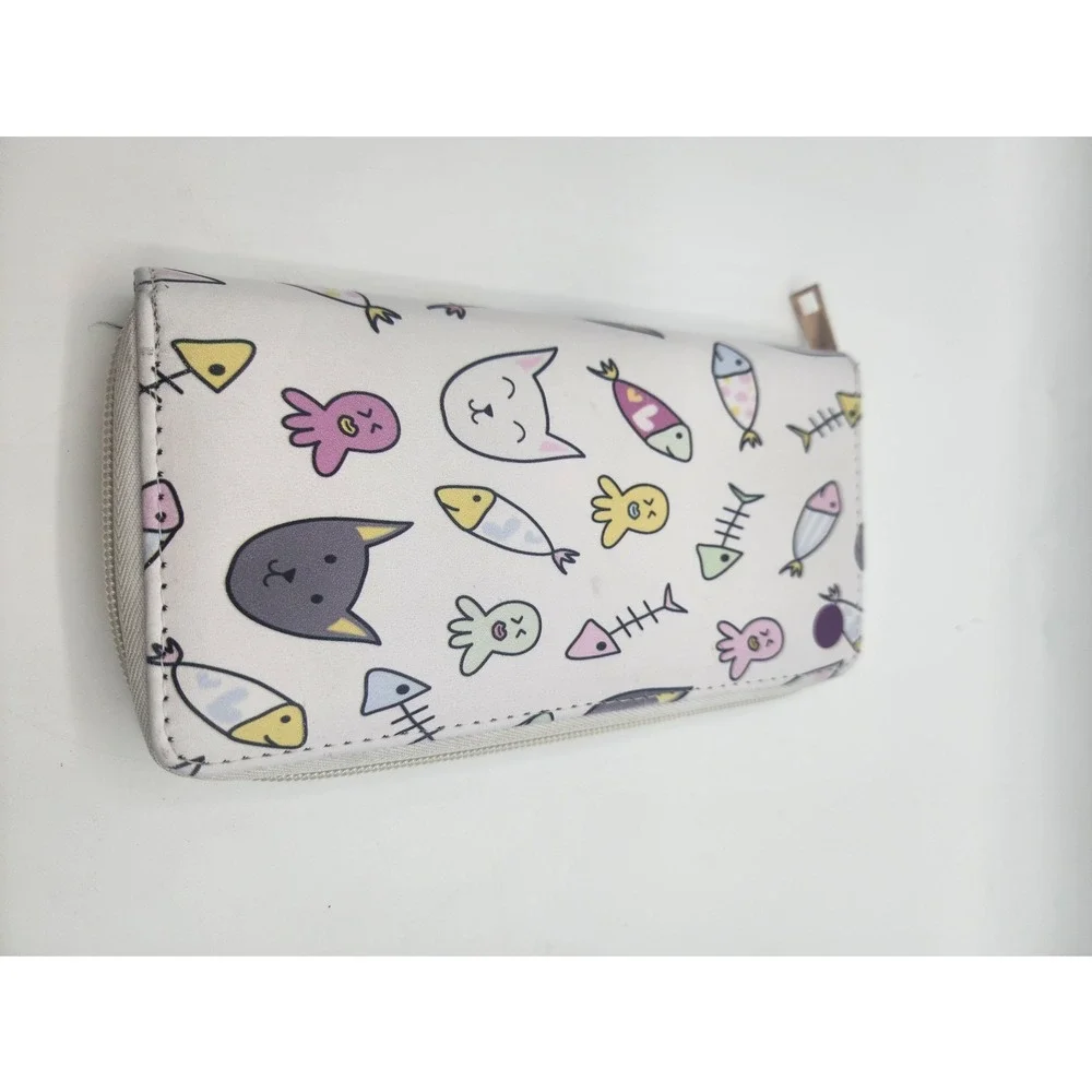Cute Cat Fish Print Zip Around‎ Wallet Organizer Pouch White